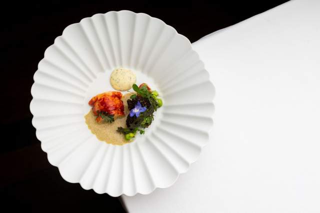 Un plat gastronomique haut en couleur, dressé avec soin, présenté sur une assiette blanche texturée.