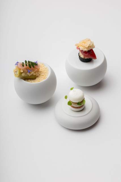 Assortiment de bouchées gastronomiques présentées sur des supports blancs au design minimaliste.