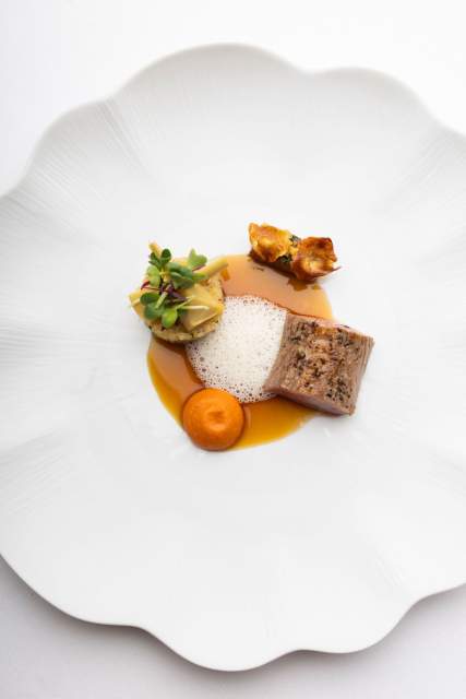 Un plat gastronomique raffiné alliant textures et couleurs, présenté sur une élégante assiette blanche.